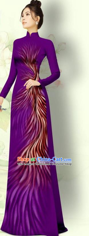 Vietnamese Traditional Bride Uniforms Asian Vietnam Deep Purple Qipao Dress with Pants Custom Ao Dai Costume