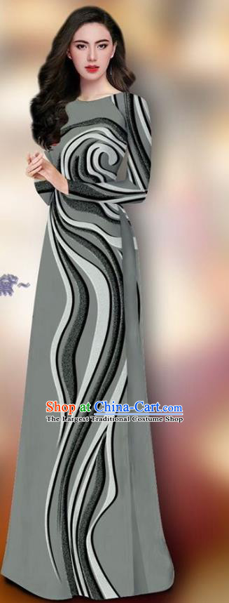 Asian Vietnam Custom Grey Ao Dai Cheongsam Uniforms Traditional Vietnamese Woman Qipao Dress and Pants Clothing