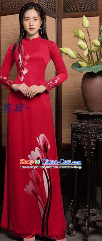 Vietnamese Traditional Bride Red Long Dress with Pants Uniforms Asian Vietnam Women Ao Dai Costume Custom Cheongsam