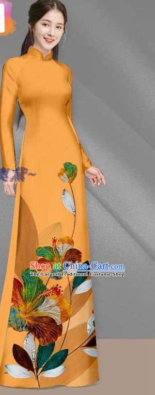 Asian Custom Vietnam Women Ao Dai Costume Vietnamese Traditional Bride Cheongsam Uniforms Yellow Long Dress with Pants