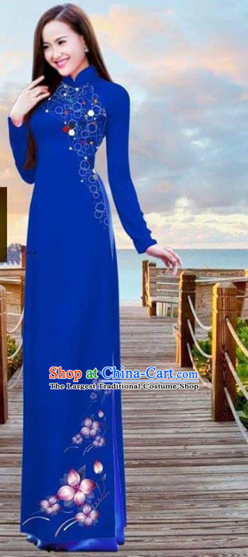 Vietnamese Traditional Bride Royalblue Long Dress with Pants Custom Ao Dai Costume Asian Vietnam Cheongsam Uniforms