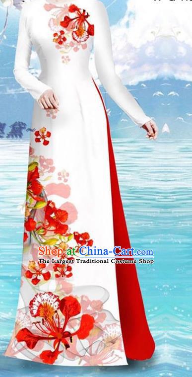 Asian Vietnamese Custom Cheongsam and Pants Uniforms Traditional Vietnam Women Ao Dai Clothing Printing Cockscomb Pattern White Qipao Dress