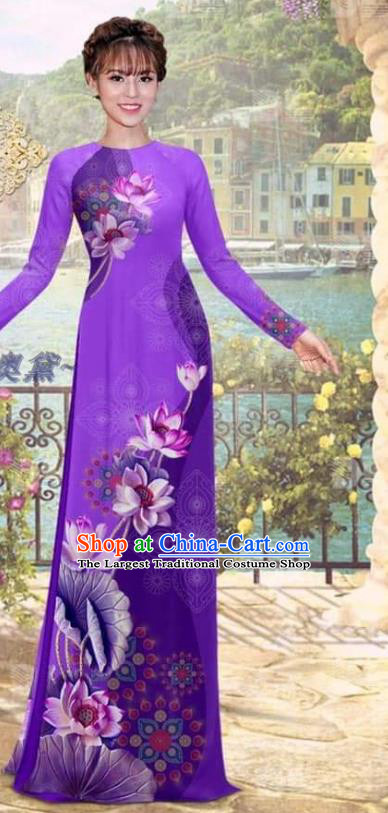 Asian Vietnam Bride Uniforms Ao Dai Clothing Traditional Vietnamese Costume Women Printing Lotus Deep Purple Dress with Pants