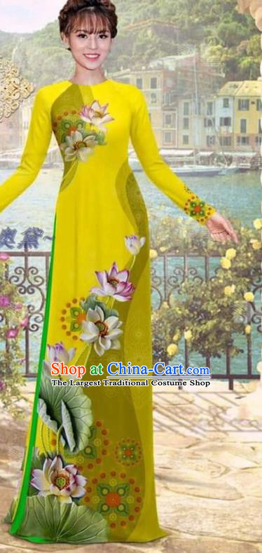 Vietnam Women Printing Lotus Yellow Dress with Pants Uniforms Asian Ao Dai Clothing Traditional Vietnamese Bride Costume