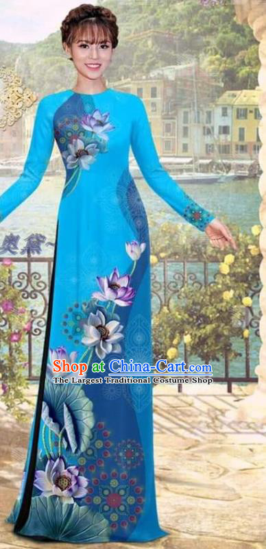 Asian Printing Lotus Blue Ao Dai Clothing Vietnam Women Dress with Pants Uniforms Traditional Vietnamese Bride Costume