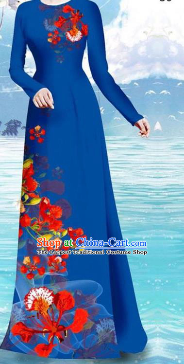 Royalblue Ao Dai Clothing Vietnamese Female Cheongsam and Pants Custom Printing Cockscomb Pattern Qipao Dress Asian Traditional Vietnam Uniforms