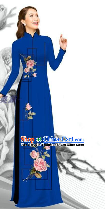 Traditional Vietnam Bride Costume Asian Vietnamese Ao Dai Clothing Printing Rose Royalblue Dress with Pants Women Uniforms