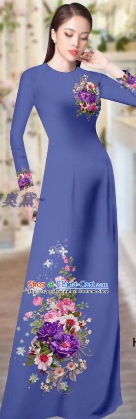 Vietnamese Printing Navy Blue Cheongsam with Pants Uniforms Vietnam Ao Dai Dress Asian Traditional Custom Costume