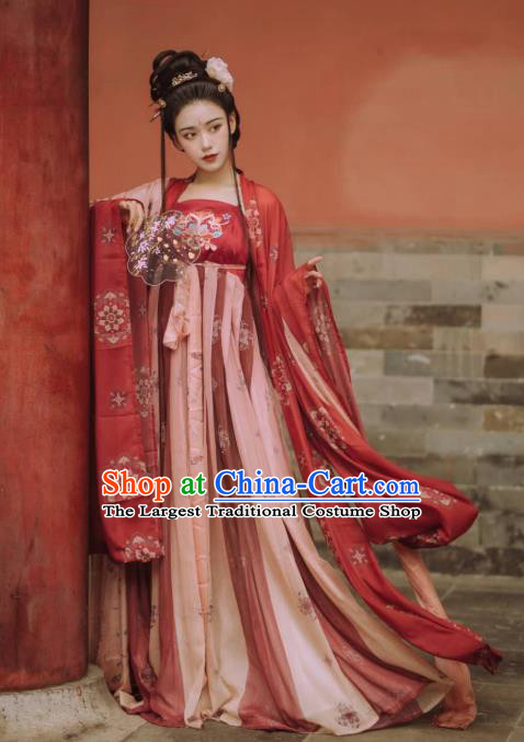 Chinese Traditional Ancient Imperial Consort Hanfu Apparels Red Cape and Dress Tang Dynasty Court Historical Costumes for Women