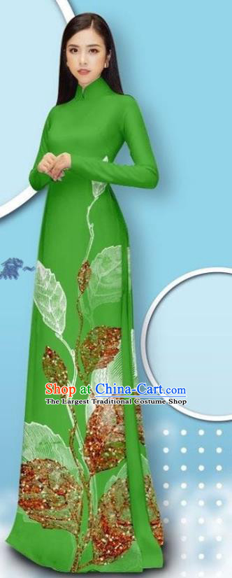 Vietnamese Deep Green Long Dress with Pants Custom Asian Traditional Cheongsam Bride Costume Vietnam Female Ao Dai Uniforms