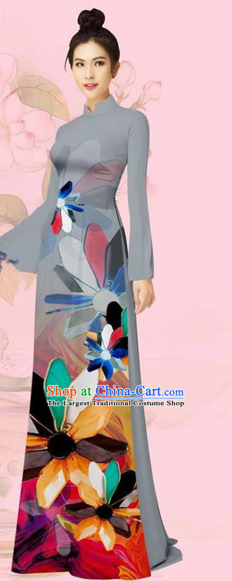 Custom Vietnam Grey Cheongsam Asian Vietnamese Uniforms Long Dress with Pants Traditional Women Ao Dai Costume