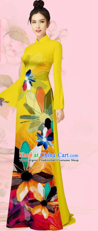 Yellow Cheongsam Vietnam Traditional Costume Asian Vietnamese Women Ao Dai Uniforms Custom Long Dress with Pants