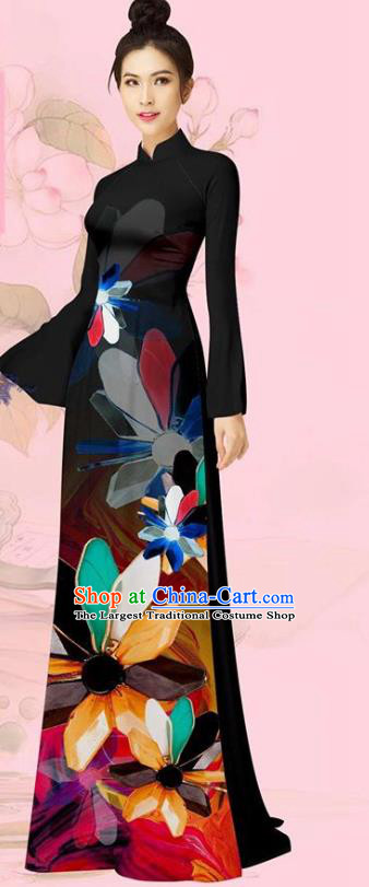 Custom Black Cheongsam Vietnam Traditional Costume Asian Vietnamese Women Ao Dai Long Dress with Pants Uniforms