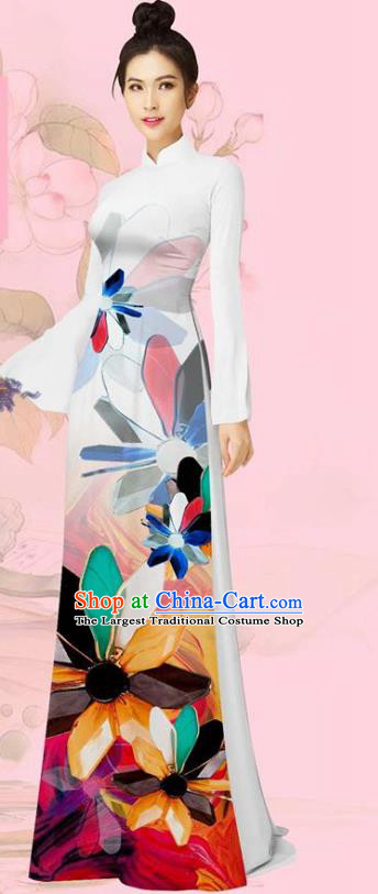 Asian Vietnam Women Costume Traditional Vietnamese Clothing Cheongsam with Pants Uniforms Custom White Ao Dai Dress