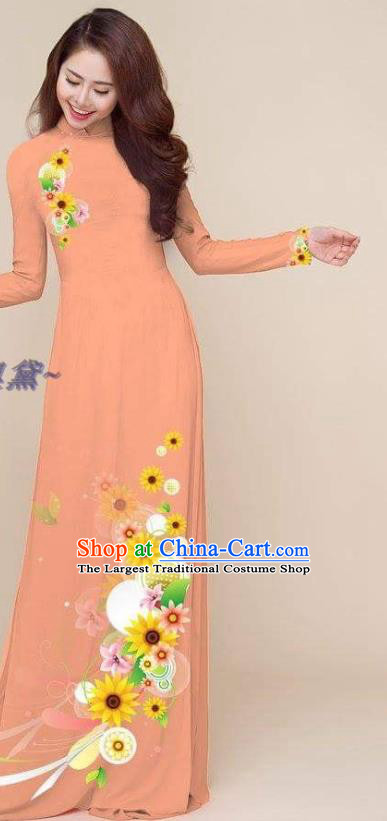 Vietnam Traditional Apricot Clothing Asian Costumes Classical Qipao Printing Cheongsam with Pants Vietnamese Ao Dai Dress