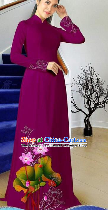 Vietnamese Deep Purple Ao Dai Dress Two Piece Set Traditional Classical Costumes Asian Clothing Vietnam Cheongsam Women Qipao with Pants