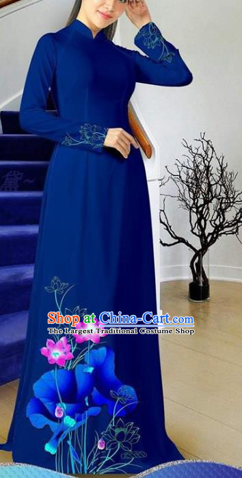 Vietnam Deep Blue Cheongsam Two Piece Set Traditional Classical Costumes Asian Clothing Women Qipao with Pants Vietnamese Ao Dai Dress