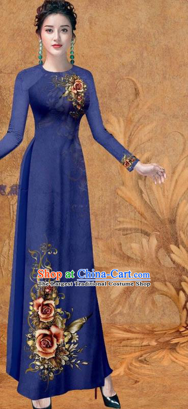 Traditional Vietnam Women Stage Show Qipao Dress Vietnamese Bridal Fashion Printing Rose Cheongsam with Loose Pants Outfits Deep Blue Ao Dai Clothing