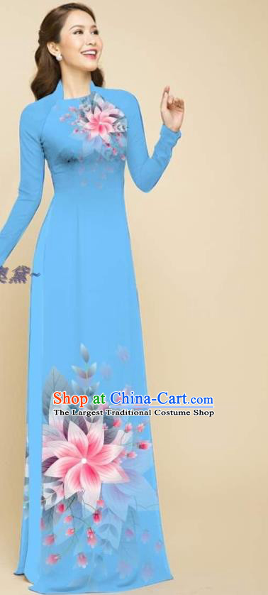 Light Blue Oriental Beauty Cheongsam with Loose Pants Outfits Traditional Fashion Vietnam Ao Dai Qipao Dress Vietnamese Women Clothing