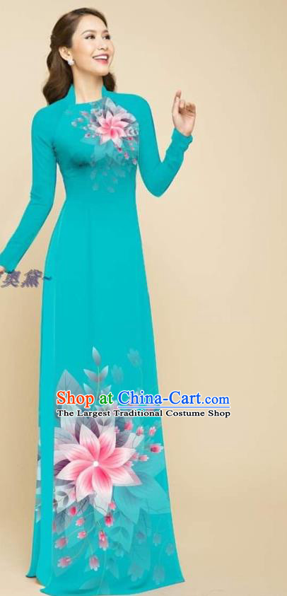 Vietnamese Women Teal Ao Dai Qipao Dress with Loose Pants Outfits Traditional Vietnam Clothing Oriental Beauty Cheongsam Fashion