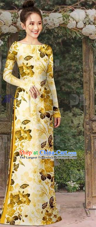 Vietnam Ao Dai Clothing Oriental Cheongsam Vietnamese Traditional Fashion Classical Golden Qipao Dress with Loose Pants