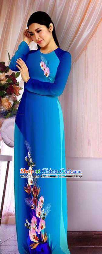 Asian Clothing Vietnam Classical Royalblue Cheongsam with Pants Printing Qipao Custom Vietnamese Women Costumes Traditional Ao Dai Dress