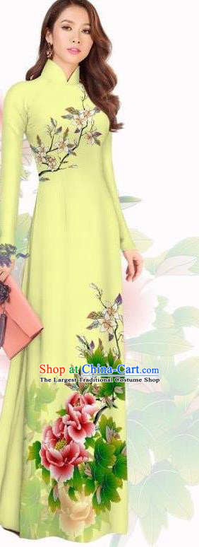 Custom Vietnam Costumes Women Qipao with Pants Traditional Cheongsam Asian Vietnamese Light Yellow Ao Dai Dress Two Pieces Set