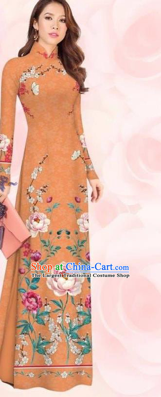 Fashion Vietnam Bride Dress Women Qipao with Pants Asian Vietnamese Ao Dai Clothing Traditional Custom Orange Cheongsam