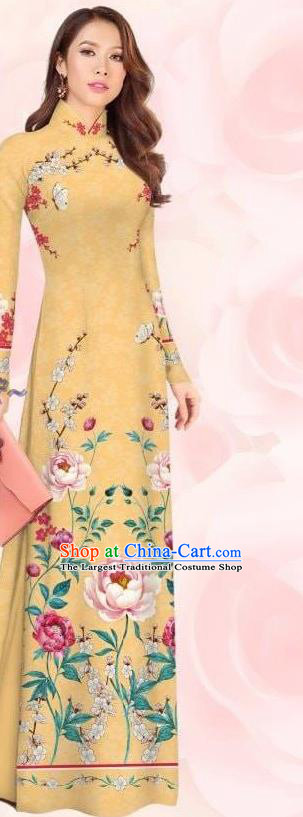 Asian Vietnamese Beige Ao Dai Clothing Traditional Custom Bride Dress Women Qipao with Pants Vietnam Cheongsam Fashion