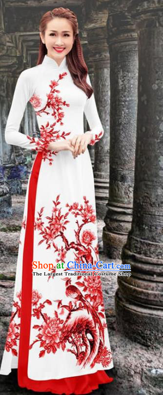 Vietnam Ao Dai Clothing Printing Flower Bird Cheongsam with Red Loose Pants Traditional Vietnamese Qipao Dress Costume