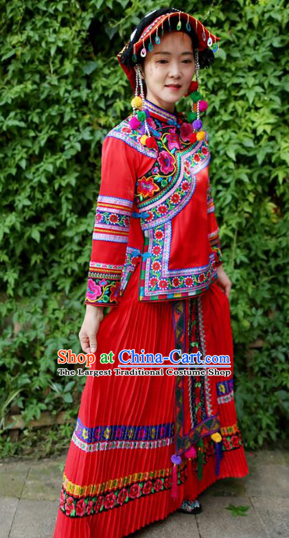 Embroidered Uniforms China Guizhou Puyi Ethnic Women Red Blouse and Long Skirt Traditional Bouyei Nationality Folk Dance Clothing with Hat