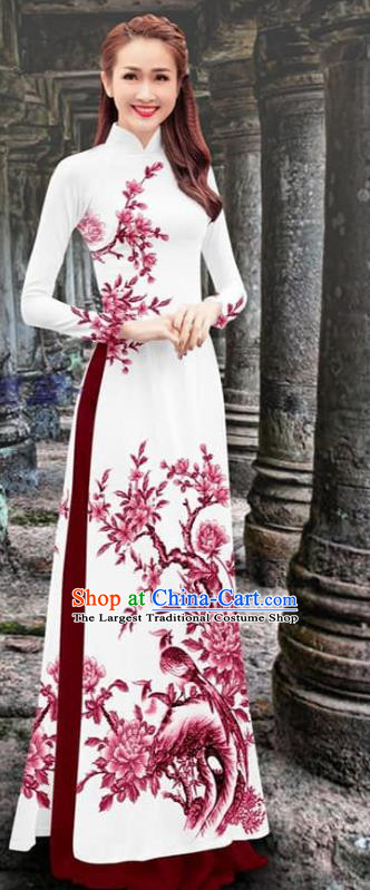 Vietnam Printing Flower Bird Cheongsam with Wine Red Loose Pants Asian Traditional Aodai Vietnamese Clothing