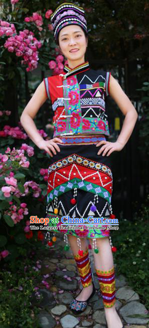 China Ethnic Traditional Embroidered Uniforms Yunnan Jingpo Nationality Black Blouse and Short Skirt with Headwear