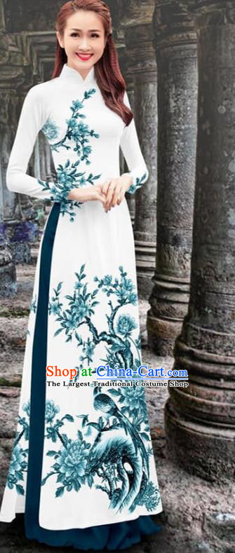 Asian Qipao Dress Traditional Vietnamese Aodai Clothing Vietnam Cheongsam with Teal Loose Pants