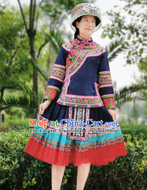 Traditional Bouyei Ethnic Women Uniforms China Guizhou Puyi Nationality Embroidered Navy Blouse and Short Skirt with Round Hat