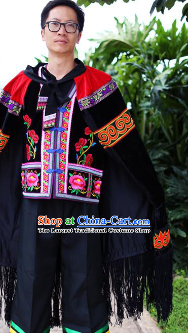 Chinese Liangshan Yi Nationality Embroidered Cape Quality Ethnic Men Costumes Black Cloak