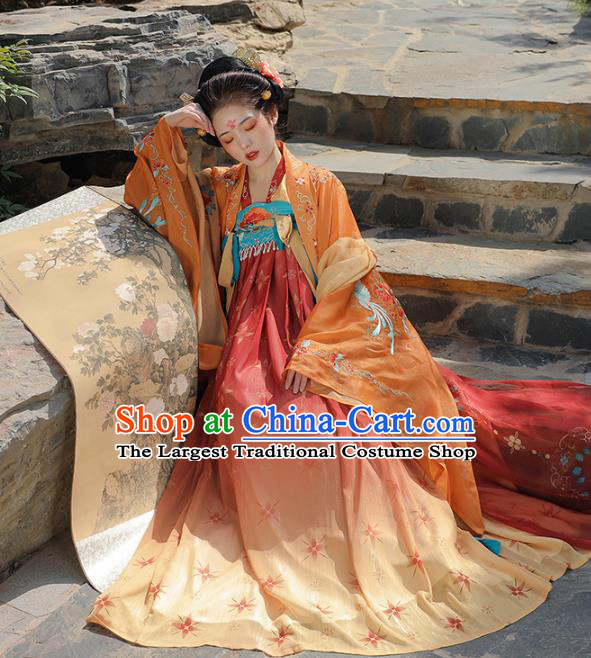 China Tang Dynasty Consort Yang Costumes Traditional Embroidered Orange Cape Blouse and Dress Ancient Hanfu Clothing