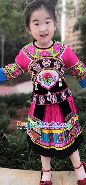 Chinese Miao Nationality Girls Costumes Quality Ethnic Folk Dance Embroidered Blouse and Skirt for Kids