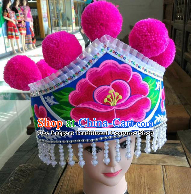 Chinese Traditional Embroidered Peony Royalblue Hat Ethnic Women White Beads Tassel Headwear Yunnan Yi Nationality Headpiece