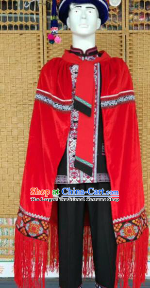 Chinese Ethnic Men Costumes Quality Torch Festival Cloak Yi Nationality Embroidered Eagle Red Cape