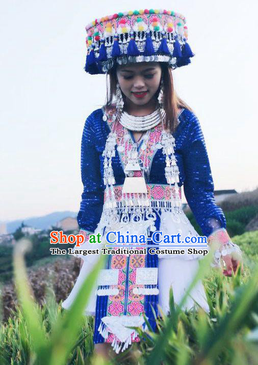 China Ethnic Women Royalblue Short Dress and Headpiece Mengzi Miao Nationality Clothing Photography Embroidered Outfits