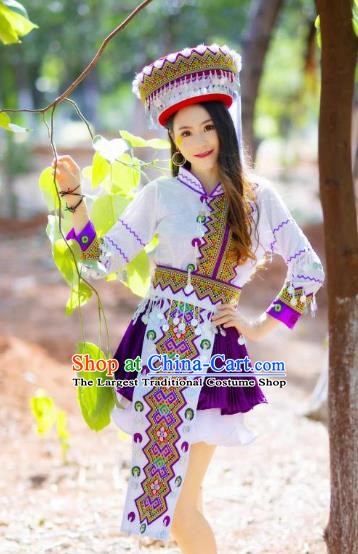 Top Quality Yao Minority White Blouse and Short Skirt Women Dance Clothing China Yunnan Ethnic Costumes with Hat