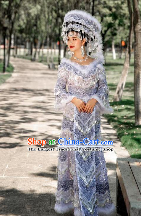 Top Quality China Yunnan Miao Female Clothing Photography Ethnic Minority White Long Dress and Headwear