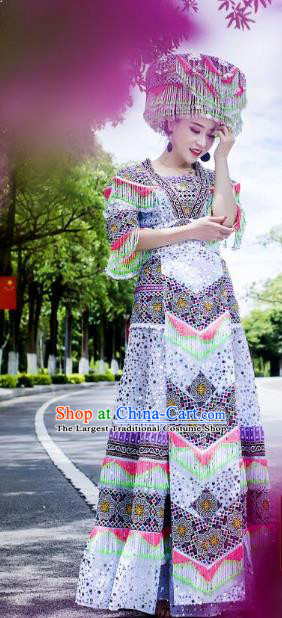 Top China Miao Ethnic Women Costumes Yunnan Minority Nationality Folk Dance Clothing Stage Performance Blouse and Long Skirt With Hat