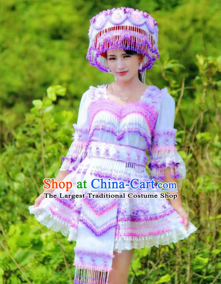 China Miao Ethnic Folk Dance Clothing with Hat Miao Nationality Women Fashion Costumes Lilac Beads Tassel Blouse and Short Skirt