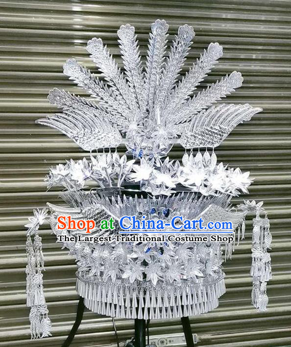 Chinese Miao Ethnic Hair Accessories Traditional Minority Women Folk Dance Headdress Wedding Argent Phoenix Hat