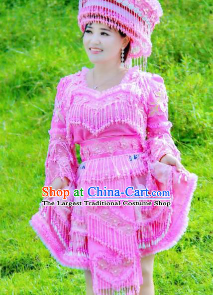 China Yunshan Miao People Fashion with Headdress Top Quality Miao Nationality Female Clothing Ethnic Rosy Blouse and Short Skirt Minority Dance Outfits