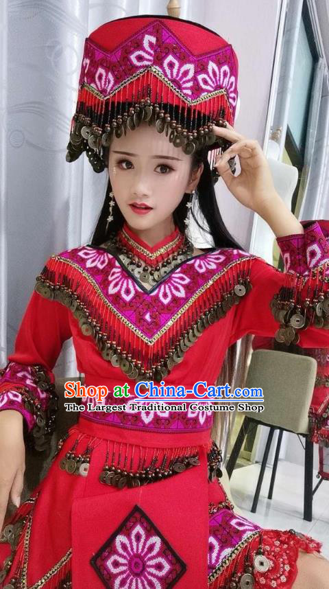 China Ethnic Photography Clothing Guizhou Miao Nationality Fashion Top Quality Folk Dance Red Dress with Hat