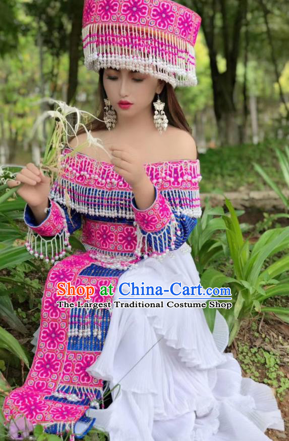 China Miao Ethnic Wedding Dress Embroidered Costumes Top Quality Miao Nationality Fashion Minority Bride Dress and Rosy Headwear