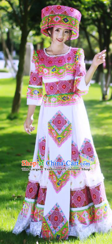 Guangxi Minority Bride Long Dress China Miao Ethnic Wedding Apparels Traditional Festival Celebration Women Costumes and Headwear